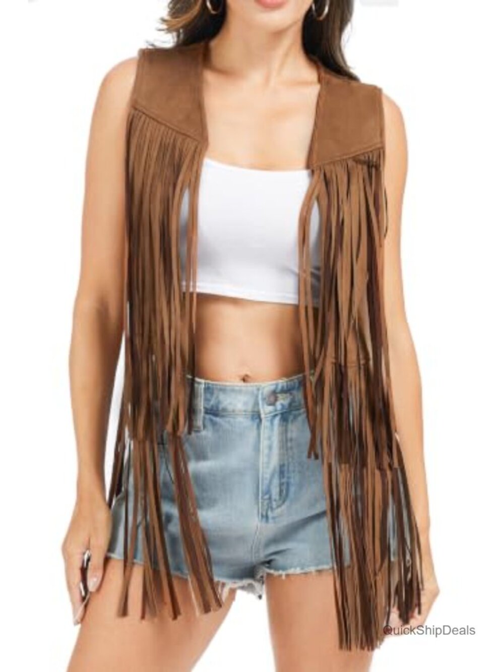 Faux Suede Fringe Vest Sleeveless Tassel Boho Western Cowgirl Style